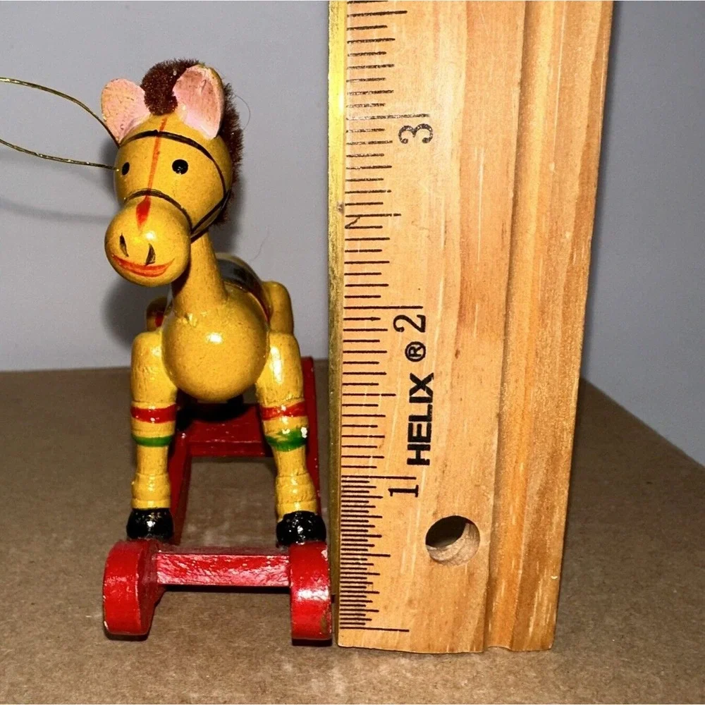 Set of 2 - Vintage 1980's Hand‎ Painted Yellow & Green Rocking Horse Ornaments